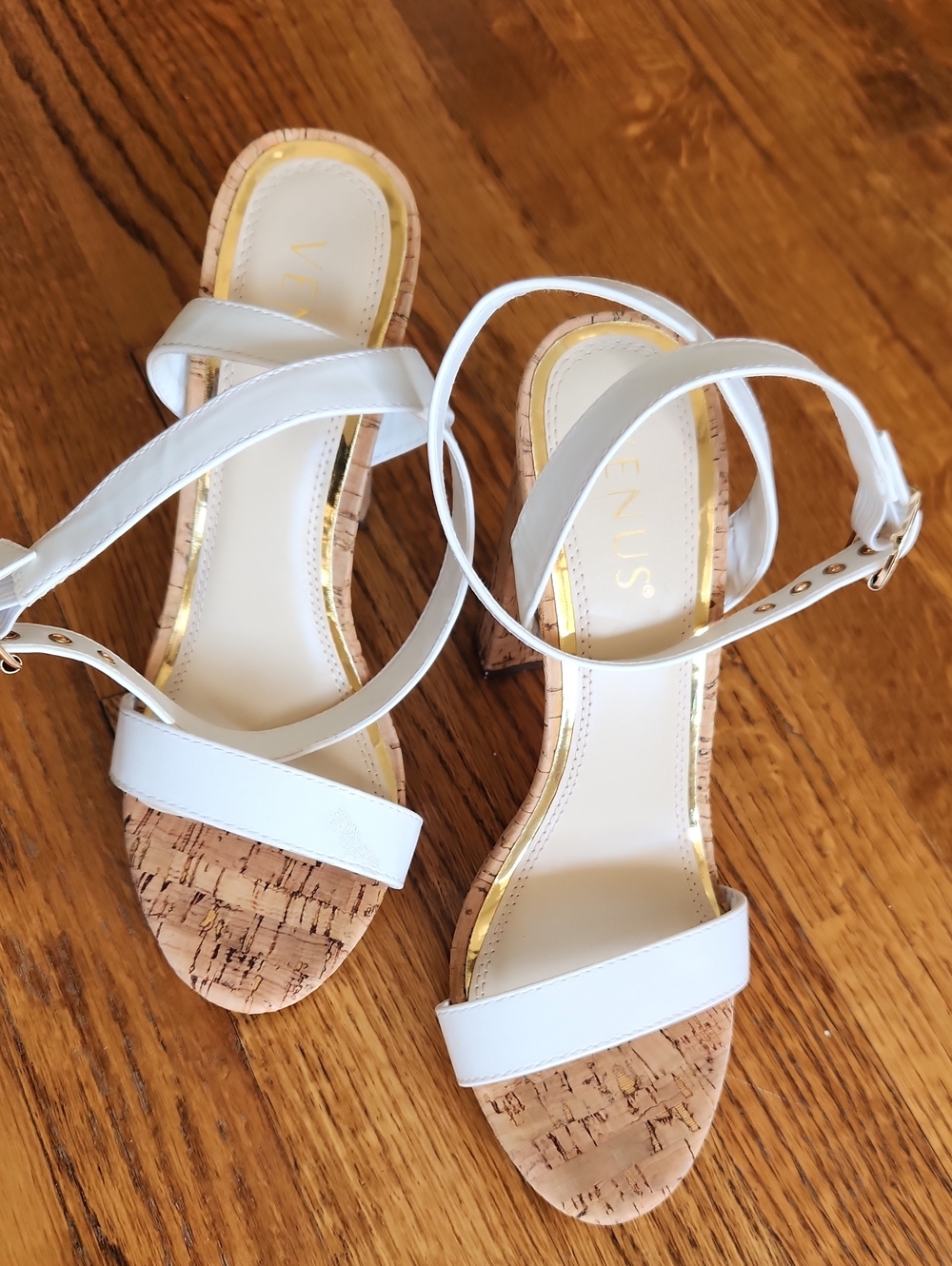 VENUS White Cork Strap Sandals with Ankle Buckle